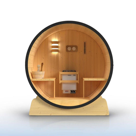 3-Person Capacity Outdoor White Finland Pine Wet/Dry Traditional Barrel Sauna with Black Accents